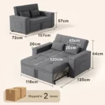 Canapé Convertible - Bealife - 2 Rangement Accoudoirs - 2 Places - 2 Coussins - Lit - Tissu Gris Foncé - Métal - Salon - Chambre – Image 3