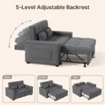 Canapé Convertible - Bealife - 2 Rangement Accoudoirs - 2 Places - 2 Coussins - Lit - Tissu Gris Foncé - Métal - Salon - Chambre – Image 4