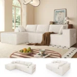 Canapé d'angle Convertible 4 Places – NHHF – 273 x 176 x 57 cm – Canapé 4 en 1 avec 5 Oreillers – Velours Côtelé – Beige