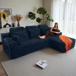 Canapé d'angle réversible avec méridienne, canapé modulairee dossier haute, canapé-lit à assise profonde sans assemblage bleu