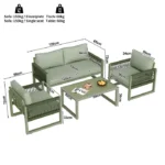 Ensemble de Canapé de jardin avec coussins, table basse en verre, 2 fauteuils, pour 4 personnes, Métal, Vert – Image 4