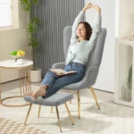 Ensemble fauteuil avec repose-pieds - HOMCOM - tissu bouclette gris et pieds en métal doré - dossier haut, grand confort – Image 2