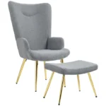 Ensemble fauteuil avec repose-pieds - HOMCOM - tissu bouclette gris et pieds en métal doré - dossier haut, grand confort