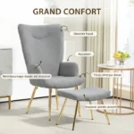 Ensemble fauteuil avec repose-pieds - HOMCOM - tissu bouclette gris et pieds en métal doré - dossier haut, grand confort – Image 5