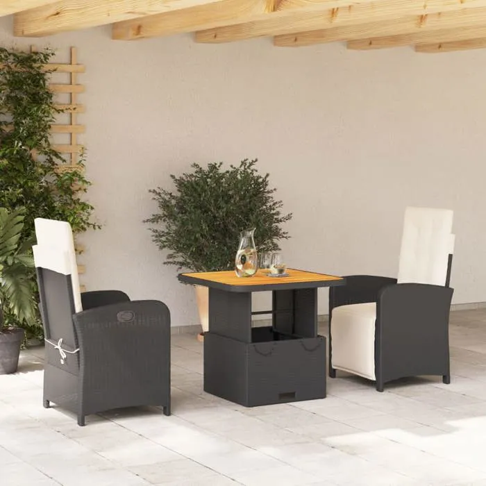 ensemble--manger-de-jardin-- Ensemble à manger de jardin - vidaXL - 3 pièces - Noir - Résine tressée - Fauteuil inclinable - Table relevable – Image 1