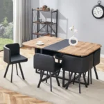 Ensemble table à manger extensible 4‑6 pers. + 4 chaises rangeables pour cuisine & salon, MDF/metal/PU, noir – Image 2