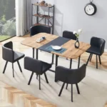 Ensemble table à manger extensible 4‑6 pers. + 4 chaises rangeables pour cuisine & salon, MDF/metal/PU, noir – Image 3