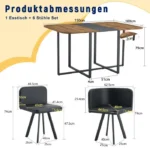 Ensemble table à manger extensible 4‑6 pers. + 4 chaises rangeables pour cuisine & salon, MDF/metal/PU, noir – Image 4