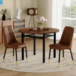Ensemble table à manger ronde 100 cm avec 2 fauteuils tissu brun - REDOM - pieds métal noir