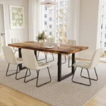 JIEXI Table à manger rustique, plateau aspect bois avec bord ondulé (Vintage Woodgrain + 6 chaises de table à manger beiges) – Image 2