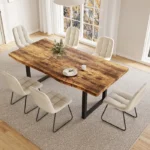 JIEXI Table à manger rustique, plateau aspect bois avec bord ondulé (Vintage Woodgrain + 6 chaises de table à manger beiges)
