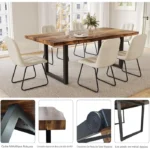 JIEXI Table à manger rustique, plateau aspect bois avec bord ondulé (Vintage Woodgrain + 6 chaises de table à manger beiges) – Image 3