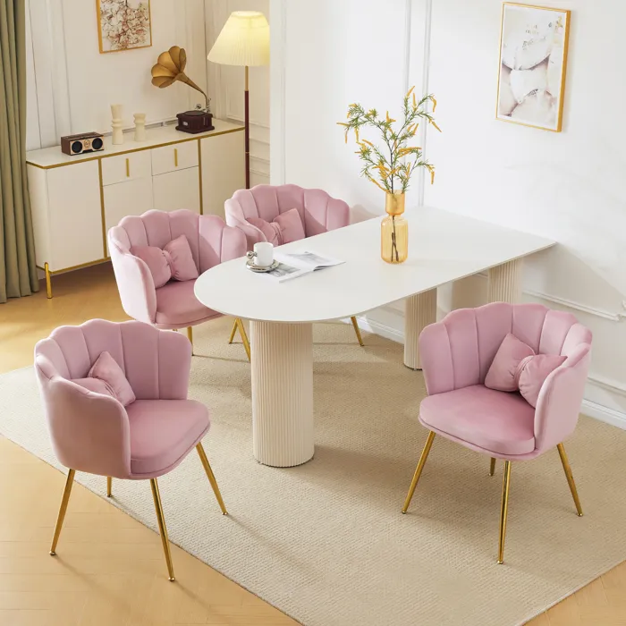 lot-de-4-chaises-salle-a-manger-okwish-style-m Lot de 4 Chaises Salle à Manger - OKWISH - Style Modernes - Dossier Pétale, Coussins Papillon - Velours Rose – Image 1