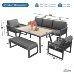 Mobilier de Terrasse - Salon de Jardin 6-7 Places - 5 Pieces - avec Canapé 3 Places, 2 Fauteuils, Banc et Table à Manger Extérieure – Image 2