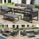 Mobilier de Terrasse - Salon de Jardin 6-7 Places - 5 Pieces - avec Canapé 3 Places, 2 Fauteuils, Banc et Table à Manger Extérieure – Image 6