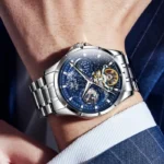 Montre homme de marque de luxe mécanique automatique chronographes affichage des phases de la lune multifonction bracelet en acier – Image 3