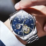 Montre homme de marque de luxe mécanique automatique chronographes affichage des phases de la lune multifonction bracelet en acier – Image 4