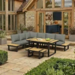 Salon de jardin d'angle modulable avec Table à manger, un Banc et 2 Canapé, 6 Personnes - Gris + Noir – Image 2