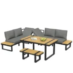 Salon de jardin d'angle modulable avec Table à manger, un Banc et 2 Canapé, 6 Personnes - Gris + Noir – Image 4