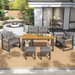 Salon de jardin exterieur avec coussins, table à manger, 2 fauteuils, 2 tabourets, pour 6 personnes, Métal, Gris
