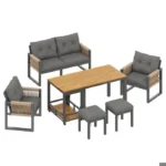 Salon de jardin exterieur avec coussins, table à manger, 2 fauteuils, 2 tabourets, pour 6 personnes, Métal, Gris – Image 3