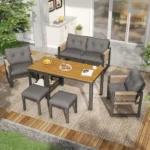 Salon de jardin exterieur avec coussins, table à manger, 2 fauteuils, 2 tabourets, pour 6 personnes, Métal, Gris – Image 4