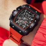 SHARPHY Montre homme chronographe cadran tonneau sport lumineux bracelet en caoutchouc rouge cool – Image 2