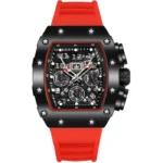 SHARPHY Montre homme chronographe cadran tonneau sport lumineux bracelet en caoutchouc rouge cool
