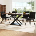 Table à Manger avec Chaises, Ensemble Table à Manger, 5 Pièces, 4 Chaises en Velours Noir, Table Couleur Noyer Pieds en Métal