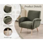 Wahson Fauteuil de Salon Moderne d'Adulte, Fauteuil Relax avec Pieds en Bois, Fauteuil Scandinave pour Chambre, Chenille, Vert – Image 3